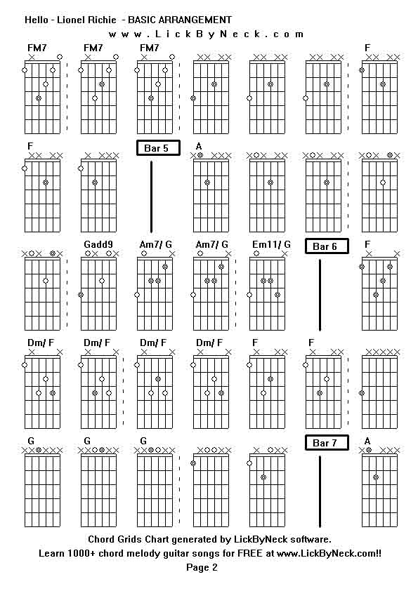 Chord Grids Chart of chord melody fingerstyle guitar song-Hello - Lionel Richie  - BASIC ARRANGEMENT,generated by LickByNeck software.